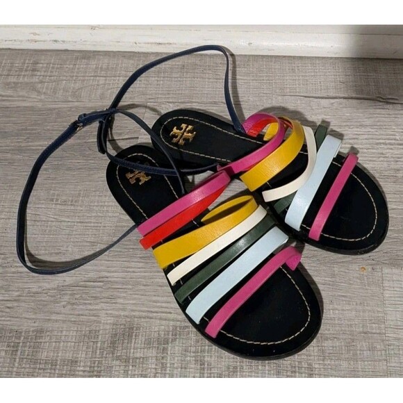 Tory Burch Shoes - Tory Burch Patos Leather Multi Strap Flat Sandal Rainbow Ankle Strap 8.5 Strappy
